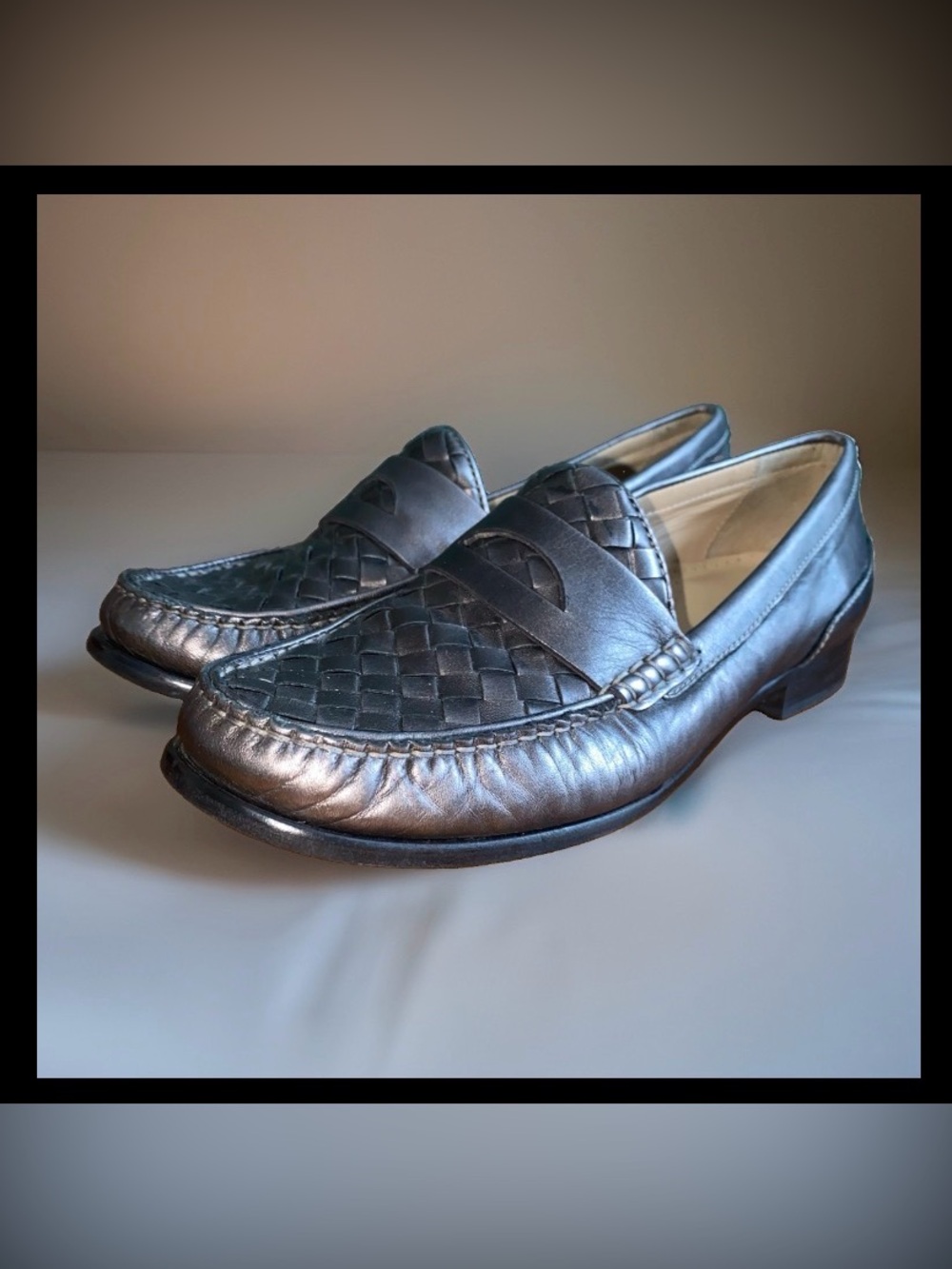 Cole Haan Vintage 1991 Women's Woven Leather Penny Loafers - Metallic Gray